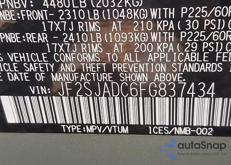 2015 Subaru Forester 2.5I Premium z USA, uszkodzony, nr VIN JF2SJADC6FG837434